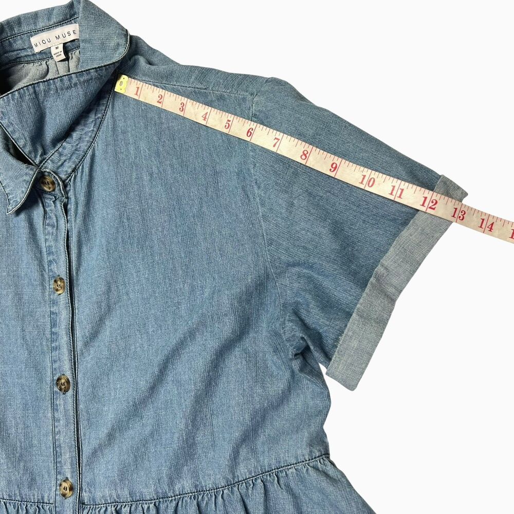 Miou Muse Light Denim Babydoll Dress Cuff Sleeve Tiered Back Button Front Large - Picture 12 of 13